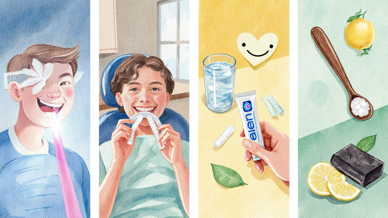 Čtyřpanelová akvarelová ilustrace různých metod bělení zubů: laser, pásky, pasta, přírodní recepty.