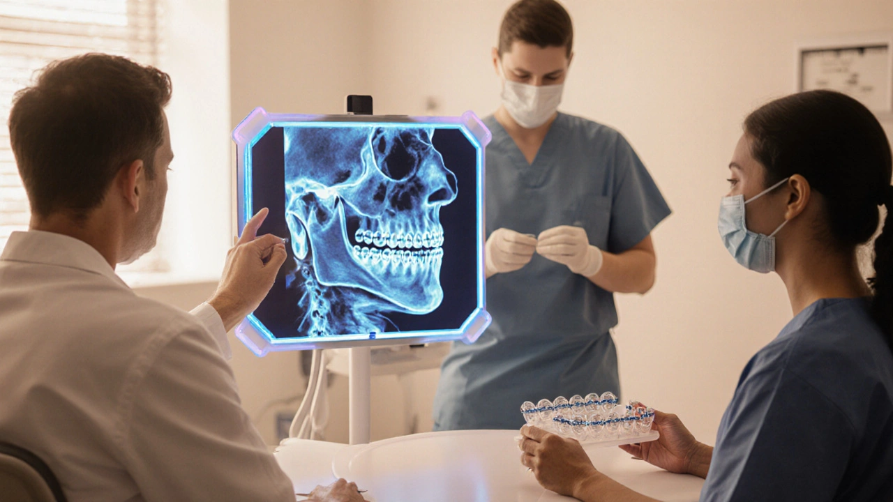Dentista ukazuje 3D CT sken, pacient s dráty a druhý s průhlednými alignery, chirurg připravuje operaci.