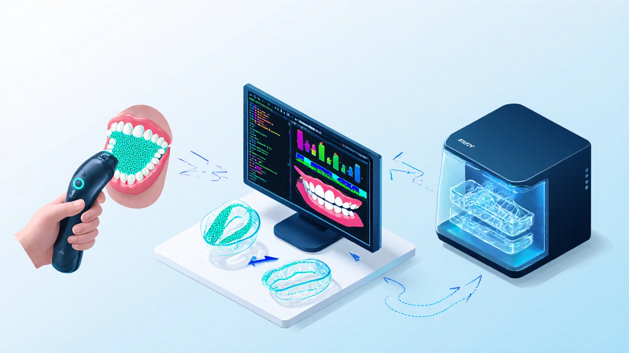Digitální sken, CAD plán a 3D tisk alignerů v jedné ilustraci.
