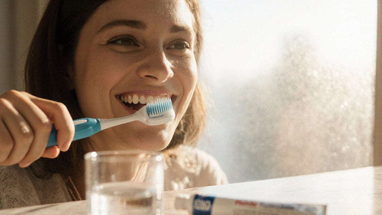 Osoba si čistí zuby fluoridovou pastou, ukázán čistý bílý úsměv.