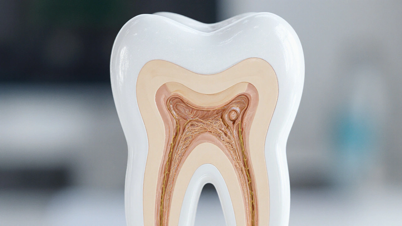 Řezová 3D vizualizace zubu 4 s viditelnou korunkou, kořenem a pulpným kanálem.
