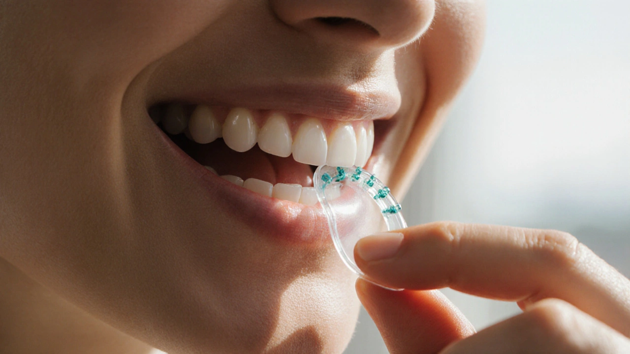 Ruka tahá Invisalign dolů z úst s mírně otevřenými ústy.