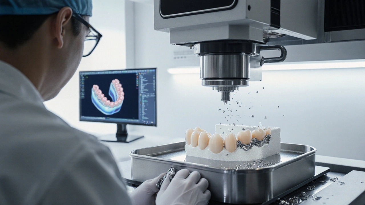 Technik v laboratoři opracovává zirkoniovou korunku na CNC fréze.
