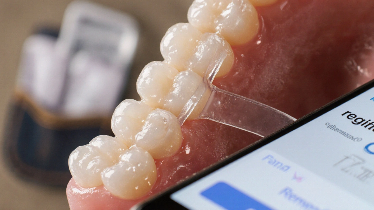 Close-up of an elastic band on a dental bracket with saliva droplets.