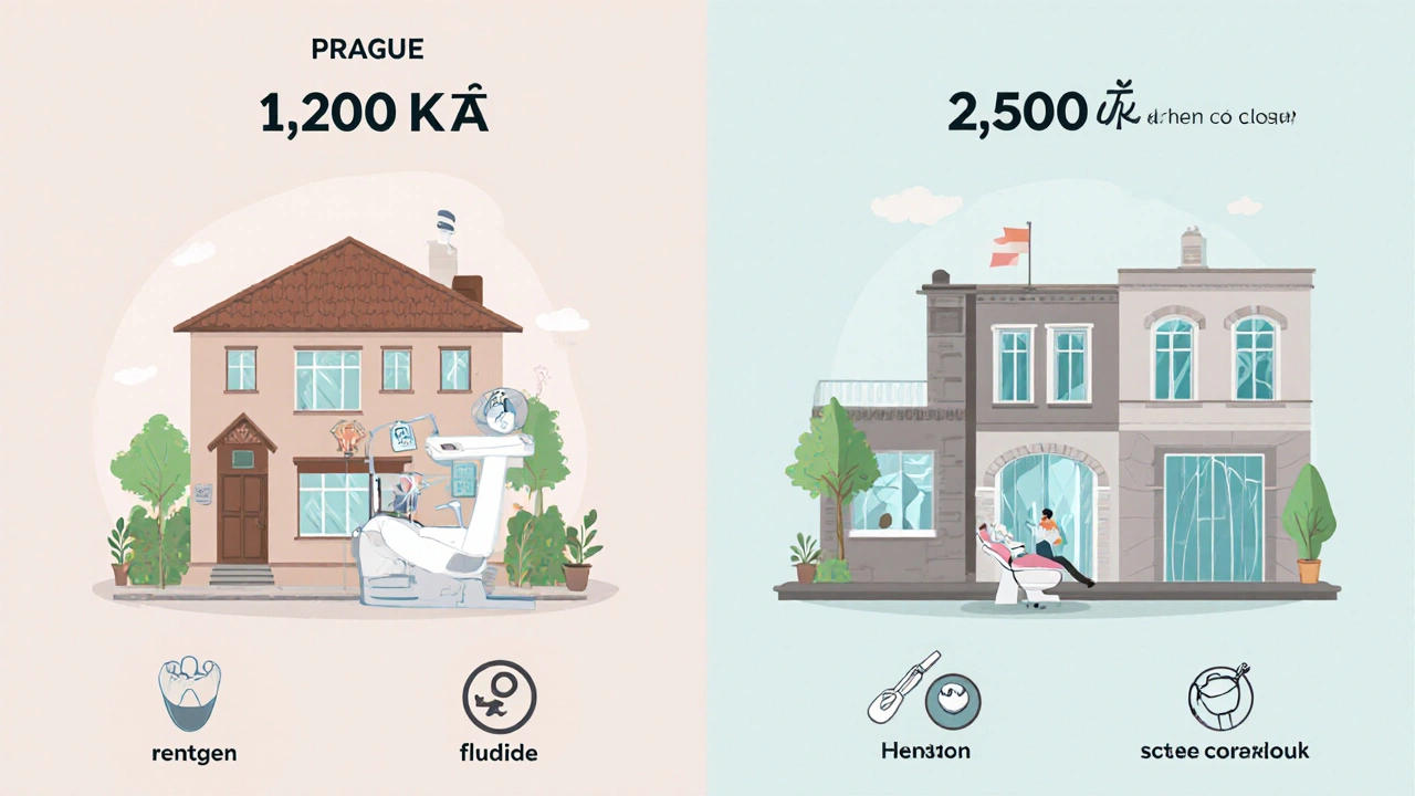 Comparison of budget and premium dental hygiene clinics in Prague with price signs.