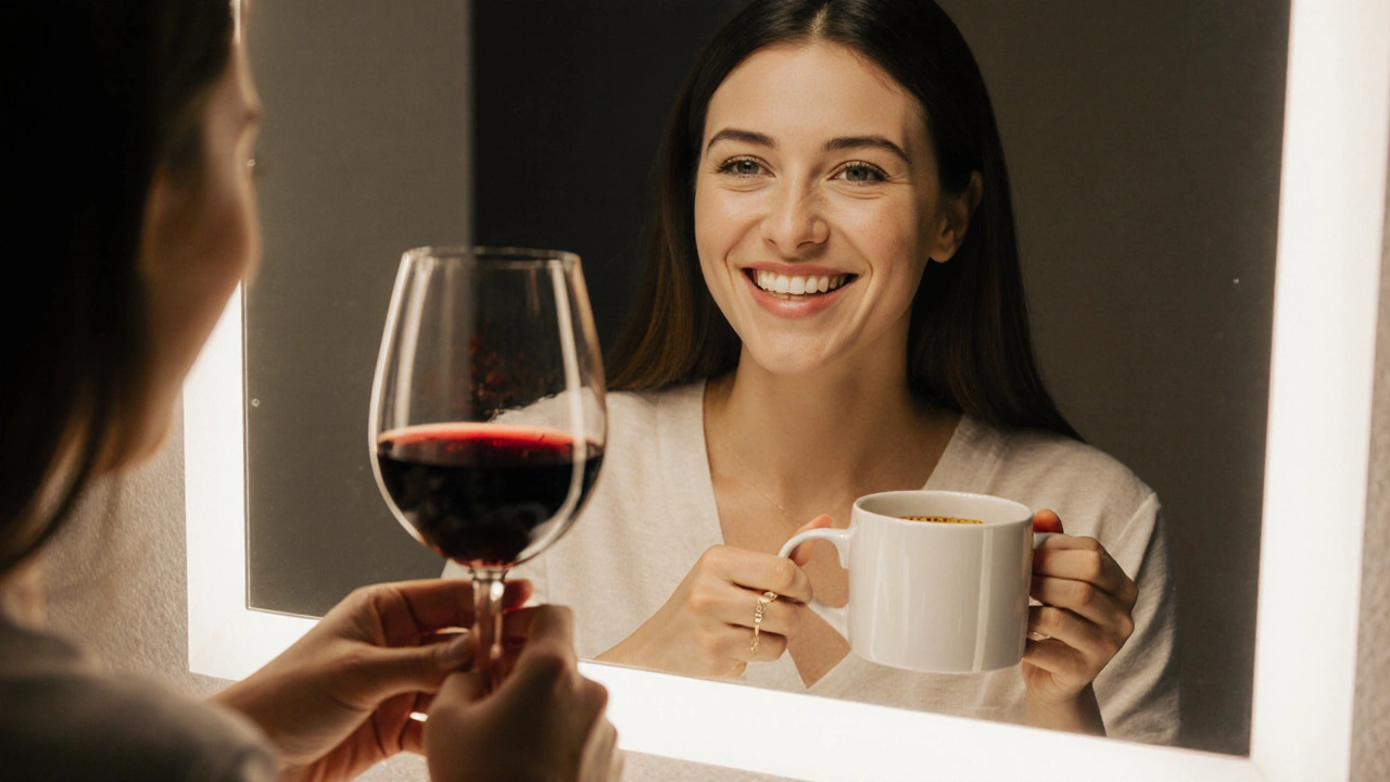 Person enjoying red wine and coffee with a confident, stain-free smile in a mirror.