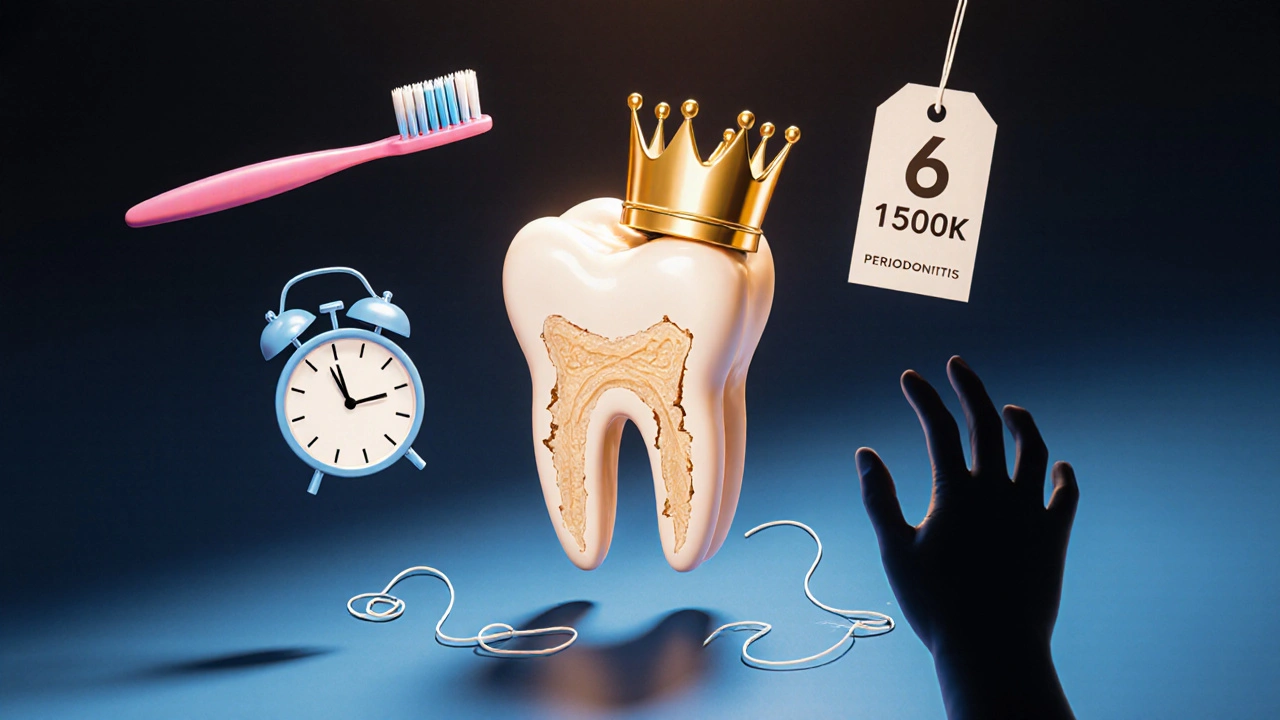 Symbolic tooth with gold crown and crumbling bone, representing prevention vs. decay.