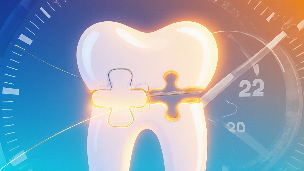 Teeth as puzzle pieces being aligned by elastic bands with a clock in background.