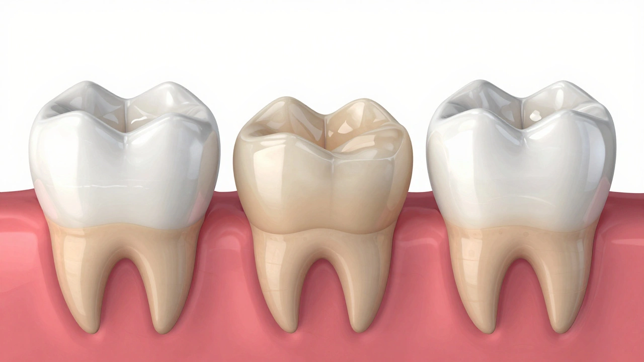 Cross-section comparison of ceramic onlay, composite filling, and dental crown