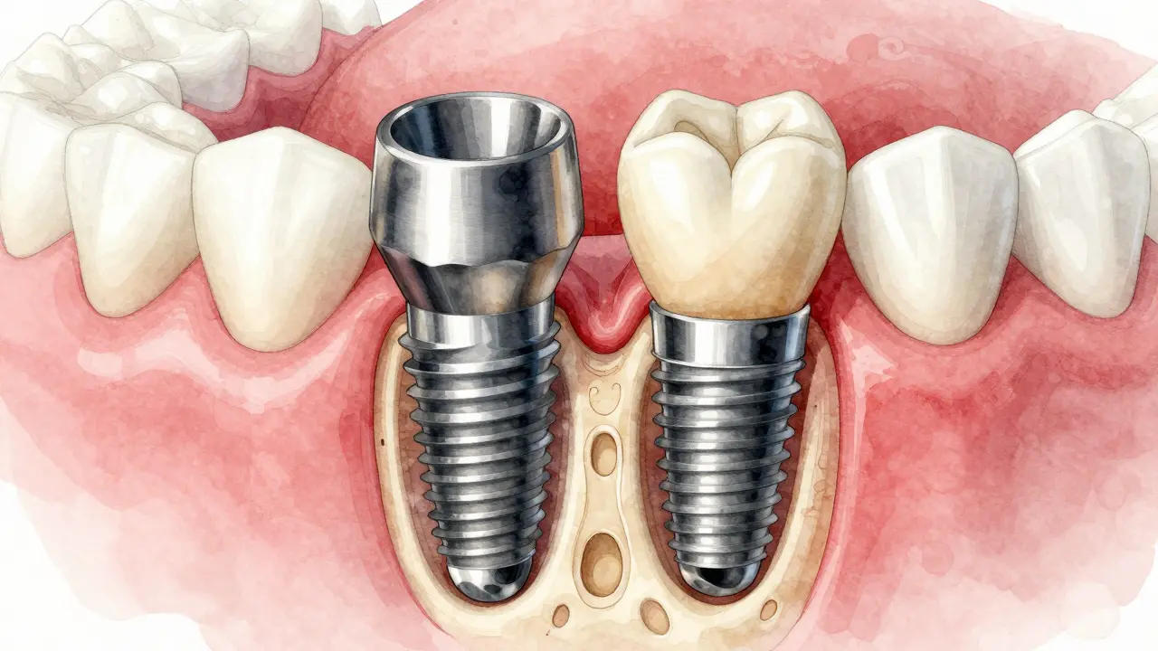 Cross-section of jawbone showing titanium and zirconia implants integrated with bone tissue.