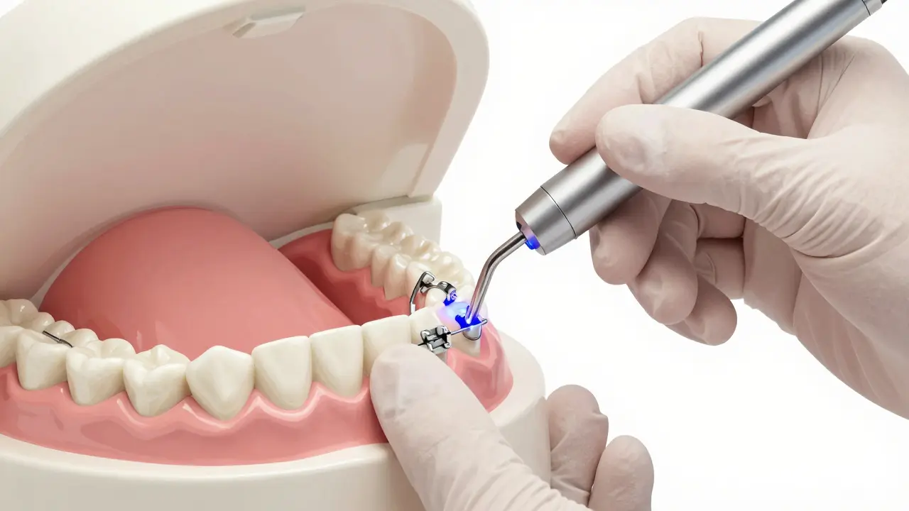 Dentista přilepuje keramická rovnátka na zuby pomocí léčivého světla.