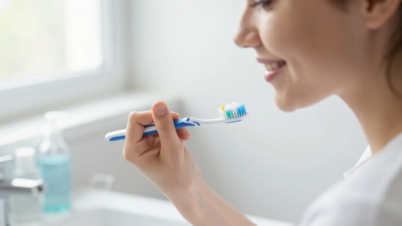 Osoba jemně čistí zuby dvě týdny po kyretáži, používá měkký kartáček a zubní pastu s chlorhexidinem.
