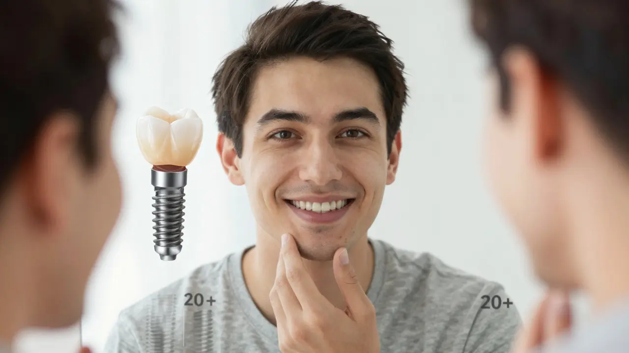 Patient smiling in mirror with natural-looking dental implant crown reflected.