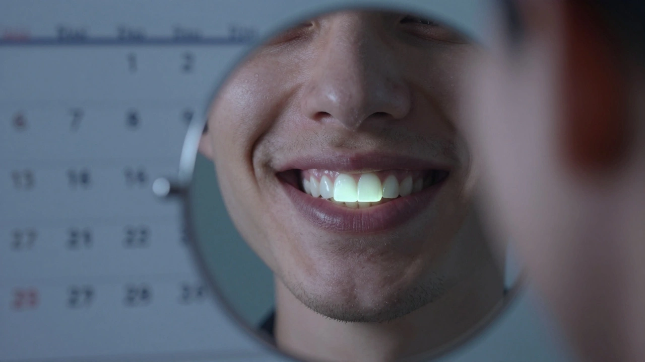 Smile in mirror showing natural-looking ceramic onlay blending with teeth