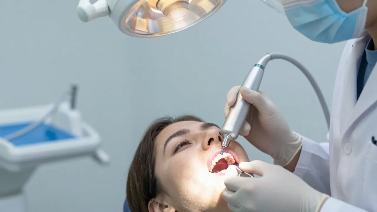 Zubní hygienička odstraňuje kámen pod dásní ultrazvukovým přístrojem.