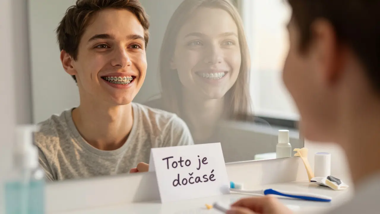 Člověk se směje do zrcadla, kde je jeho budoucí verze s dokonalým úsměvem, na stole jsou potřeby pro hygienu.