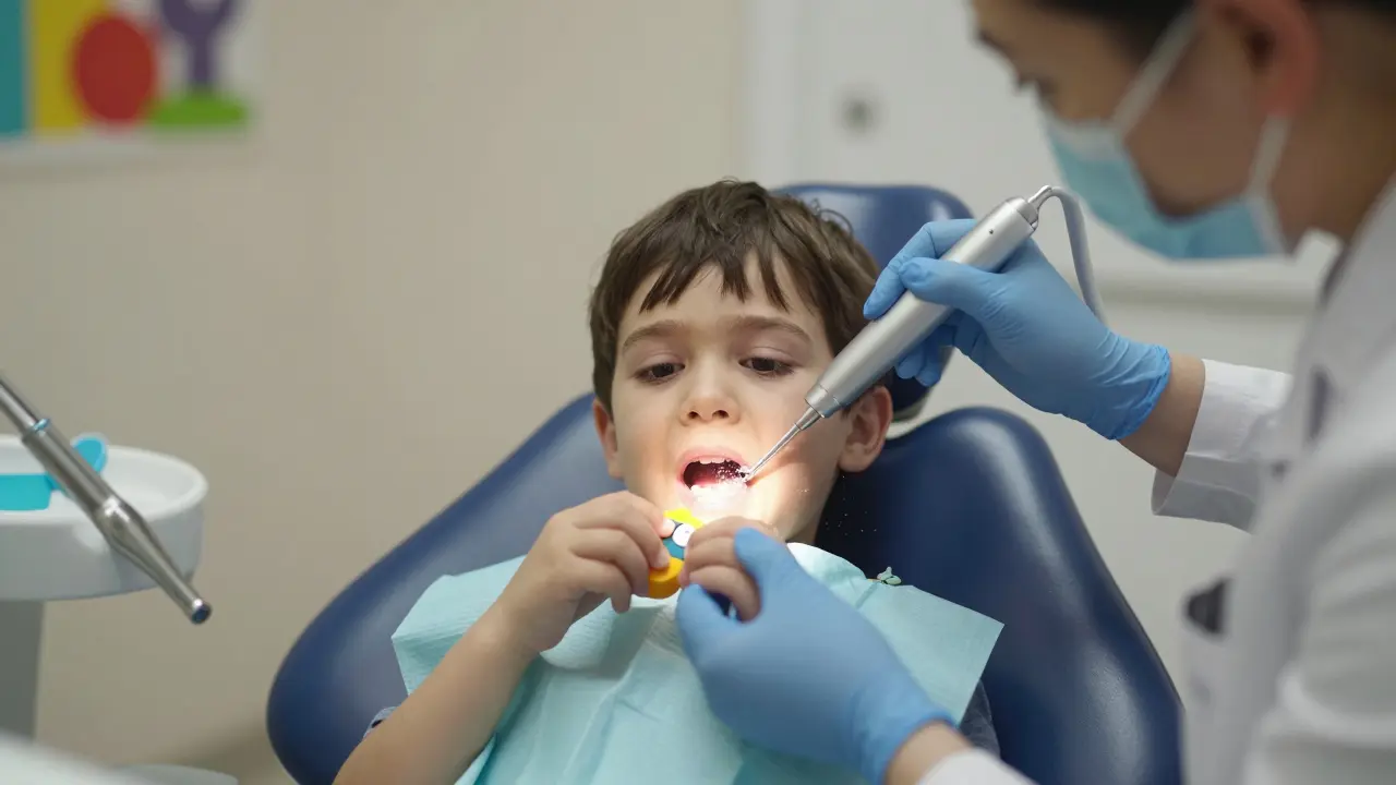Dítě v zubní klinice, dentistka odstraňuje zubní kámen ultrazvukem, dítě drží hračku, výraz od strachu k úlevě.