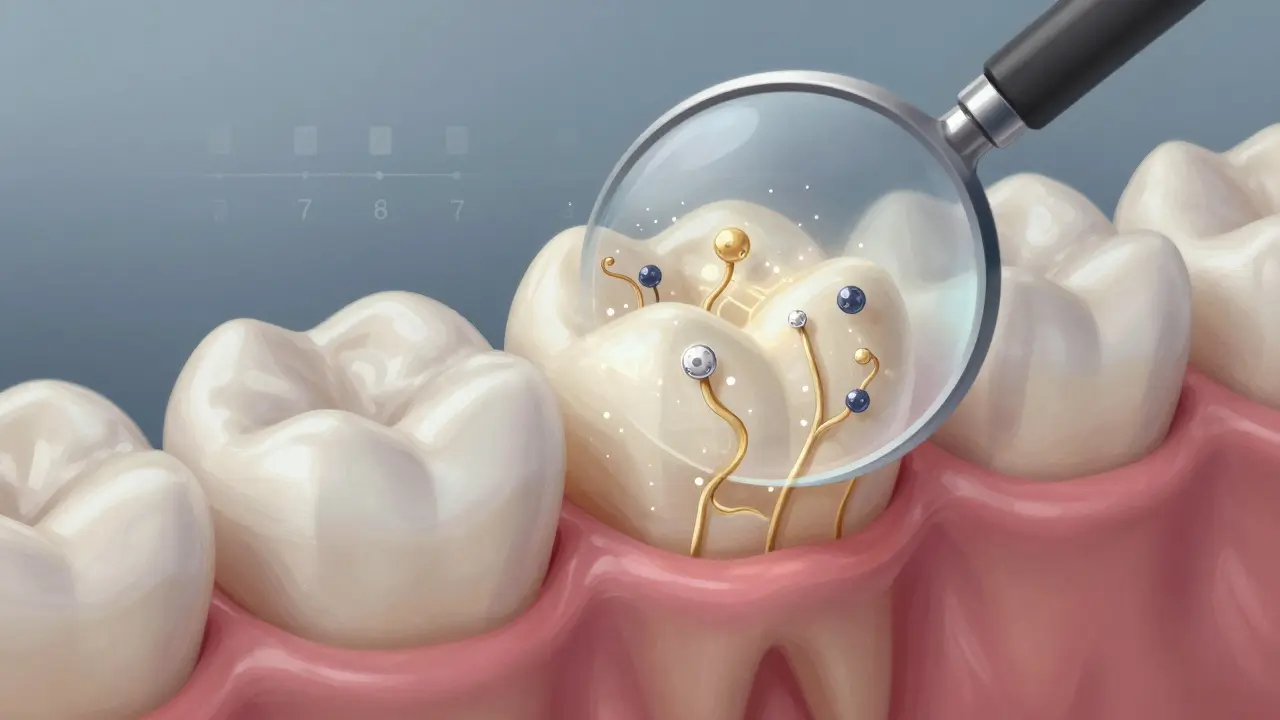 Zvětšený pohled na zubní sklovinu s fluoridem uzavírajícím mikrokanálky.