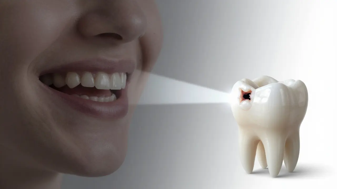 A damaged tooth transforming into a healthy one through a glowing repair beam, symbolizing dental restoration.