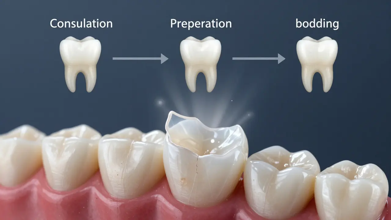 A translucent ceramic veneer floating above a tooth, with transformation details around it.