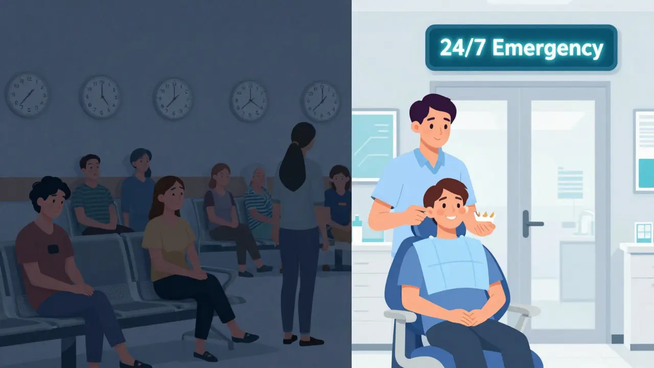 Contrast between crowded public hospital waiting area and efficient private dental emergency clinic at night.