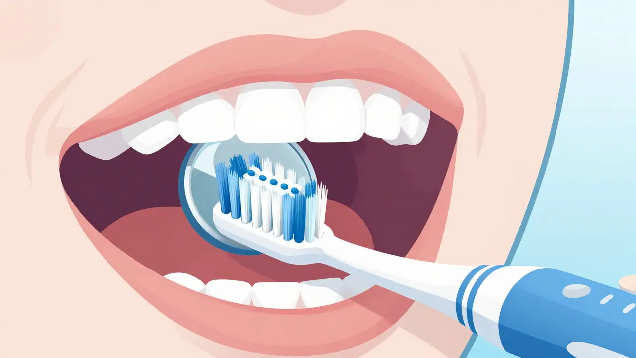 Elektrický kartáček a dentální zrcátko při čištění zadních zubů.