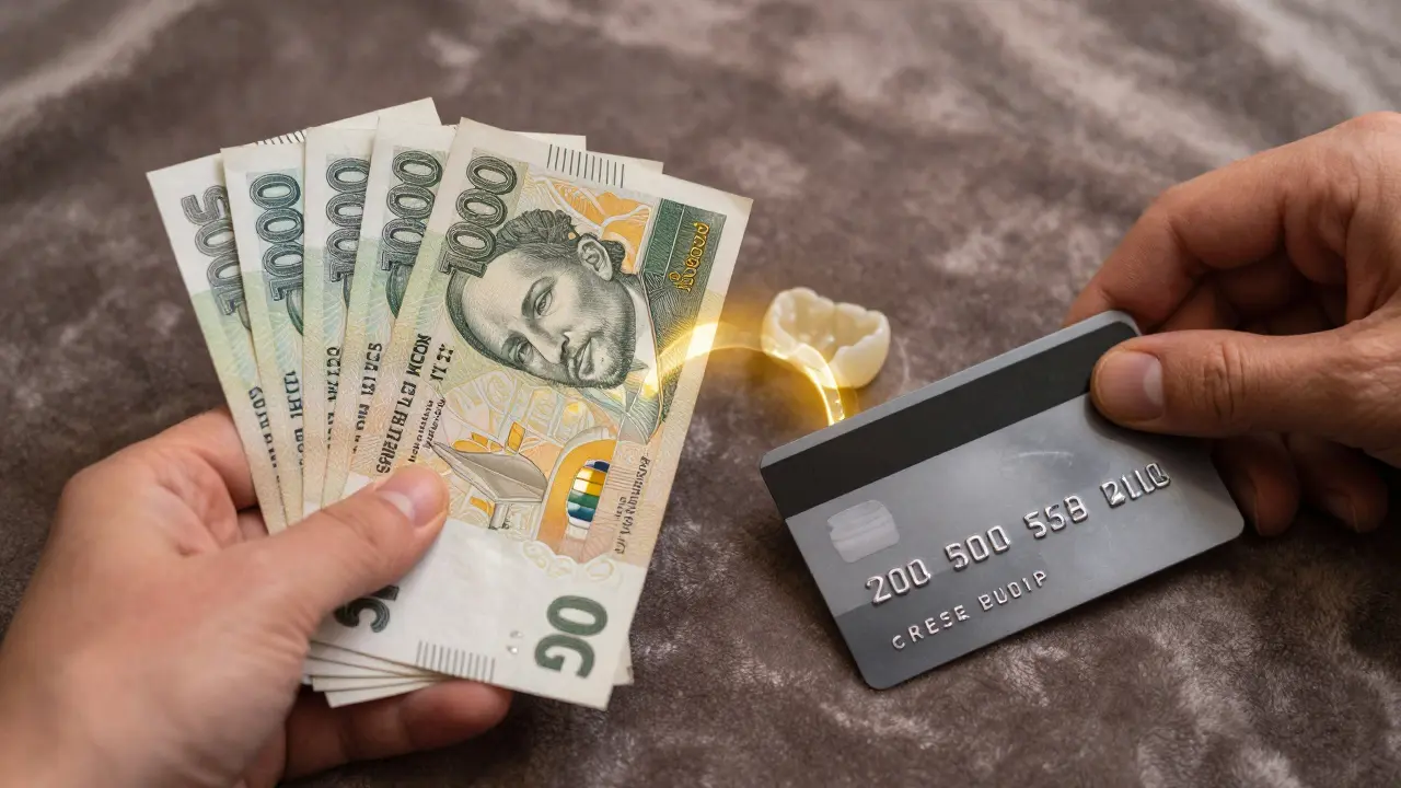 Kupní peníze a keramická fazeta leží na sametové látkě s přesahujícími symboly financování.