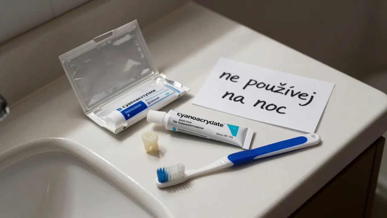 Otevřený balíček s dočasnými zuby a lepidlem s chemickými látkami na koupelně.