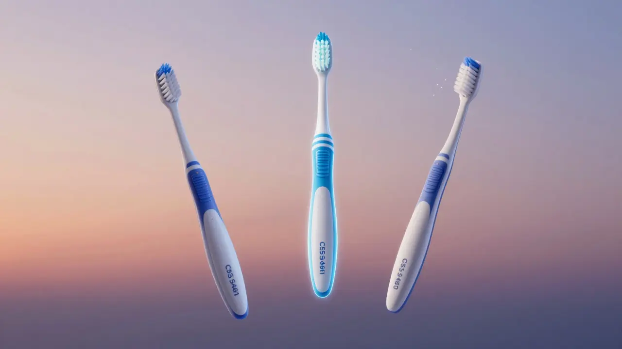 Tři modely Curaprox kartáčků ve vzduchu, každý symbolizující jiný účel péče o zuby.