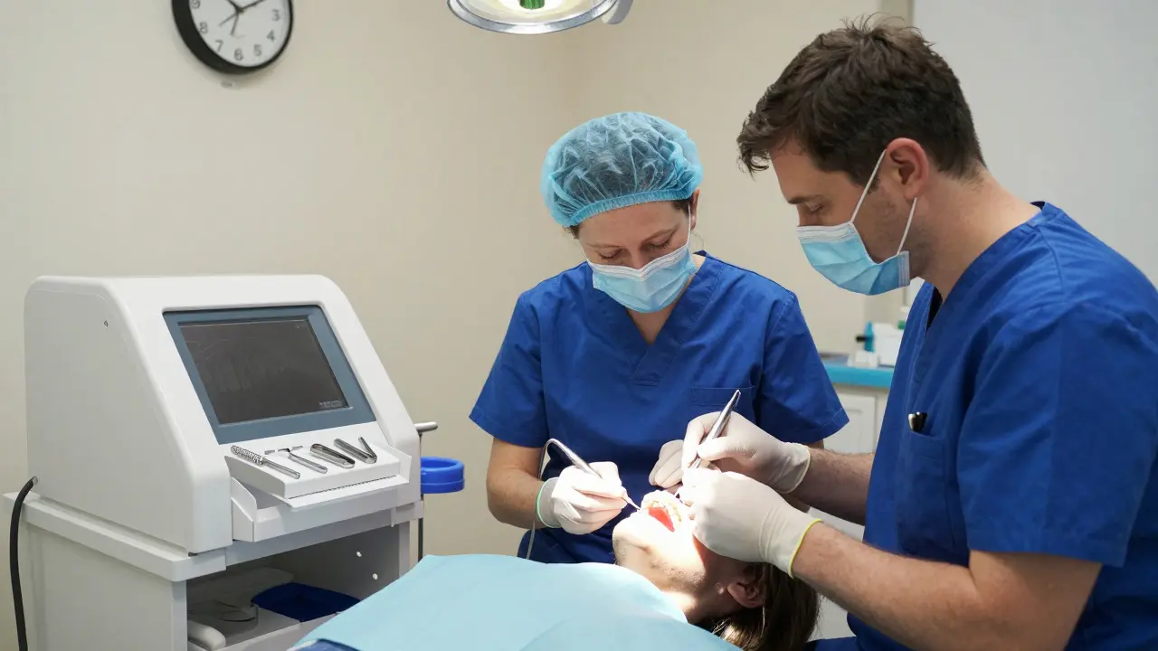 Two dentists working together in a private Prague clinic, one preparing a temporary dental prosthesis at 2 AM.