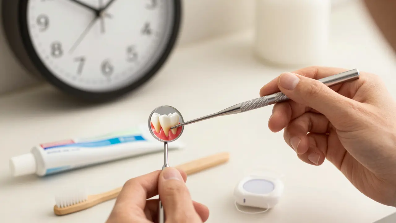 Zubní hygienistka odstraňuje kámen zubním skalerem, zdravé dásně a nástroje pro péči jsou viditelné na pozadí.