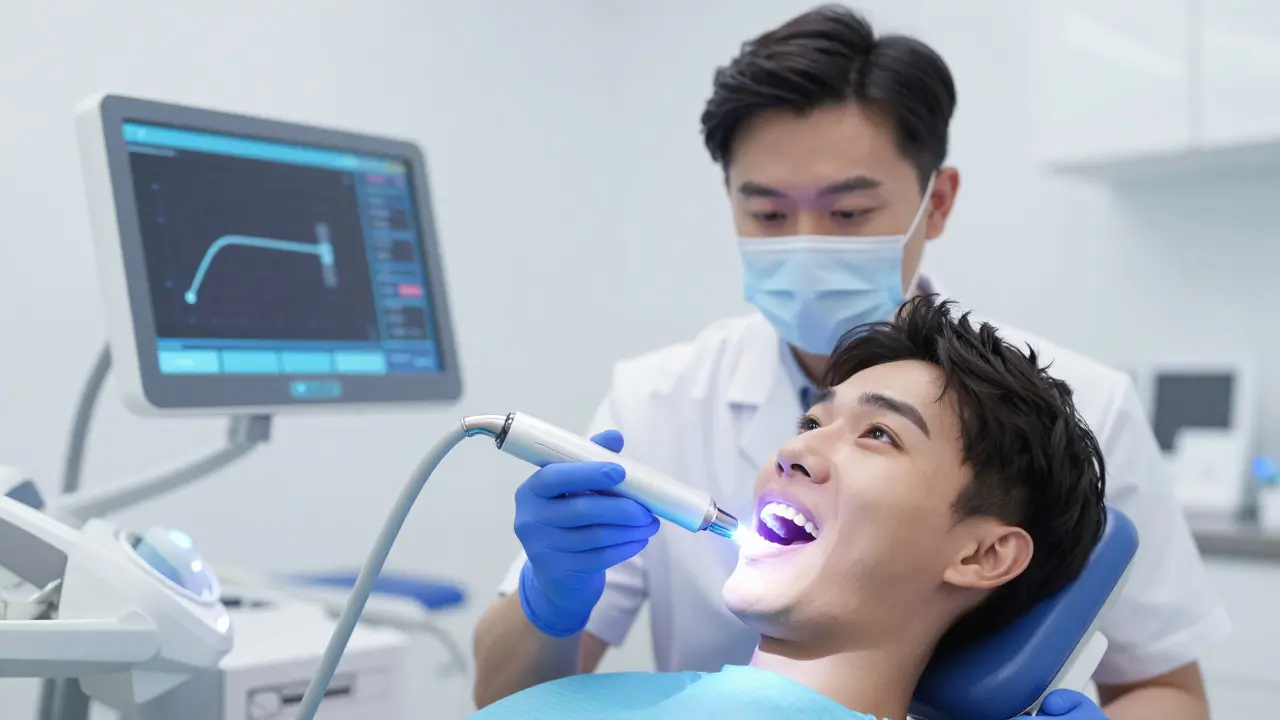 Zubní lékař používá digitální skener pro přesné odtisky zubů v moderní klinice.