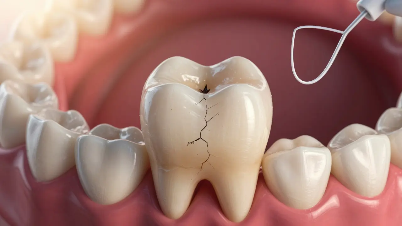 A tooth showing signs of wear and staining from habits, with protective dental tools nearby.