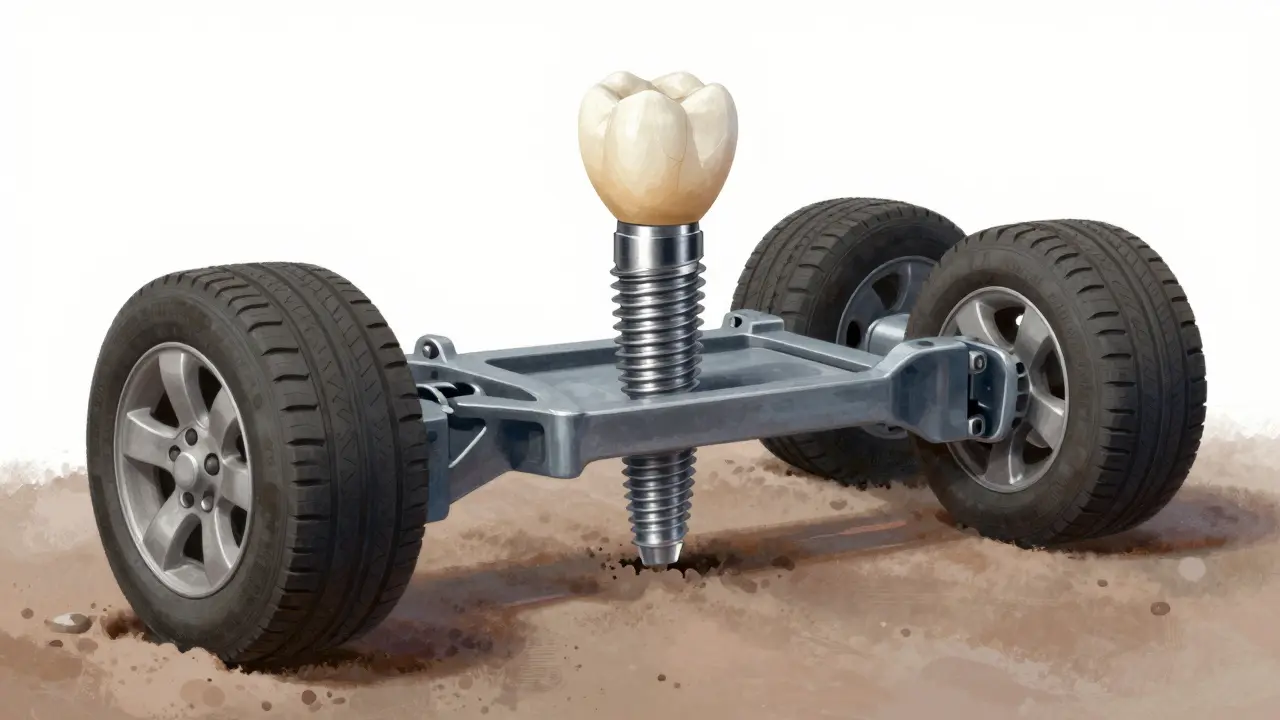 Car analogy: worn tires being replaced while the chassis remains intact, symbolizing dental implant maintenance.