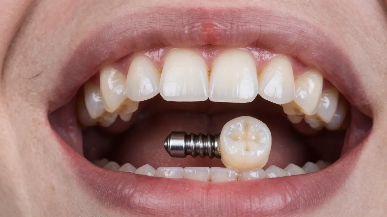 Close-up of a new ceramic crown being secured onto a dental implant with healthy gum tissue.