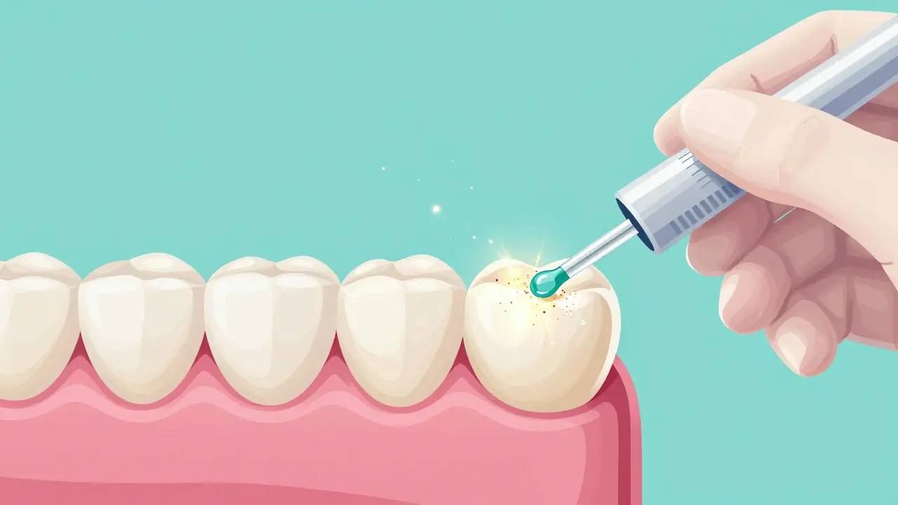 Dentista aplikuje fluoridový lak na zub, minerály se vrací do emailu.