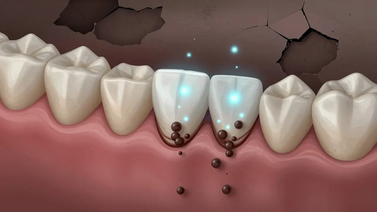Průřez zubem ukazující, jak bělící látky rozkládají pigmenty uvnitř dentinu, zatímco abrazivní metody poškozují sklovinu.