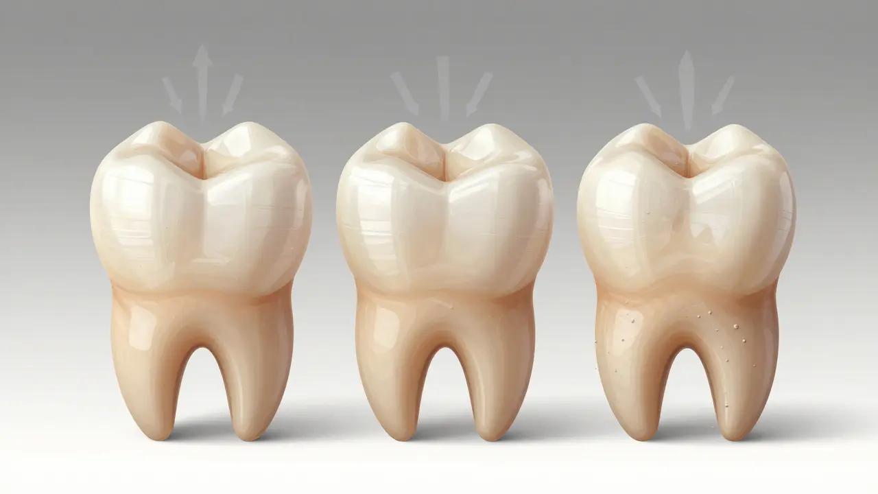 Side-by-side comparison of three composite filling types on different teeth with texture details.