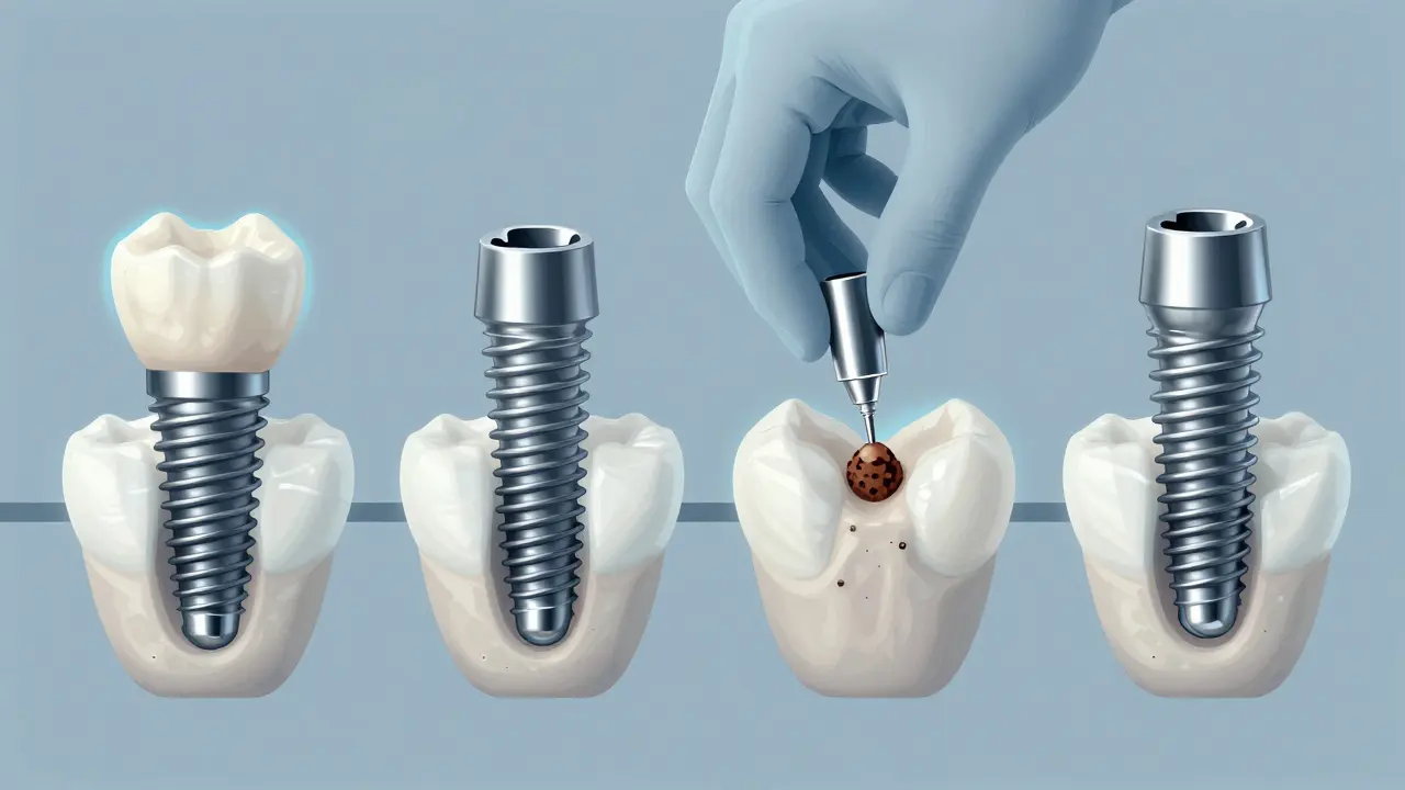 Step-by-step visual timeline of dental implant replacement including bone grafting and new implant integration.