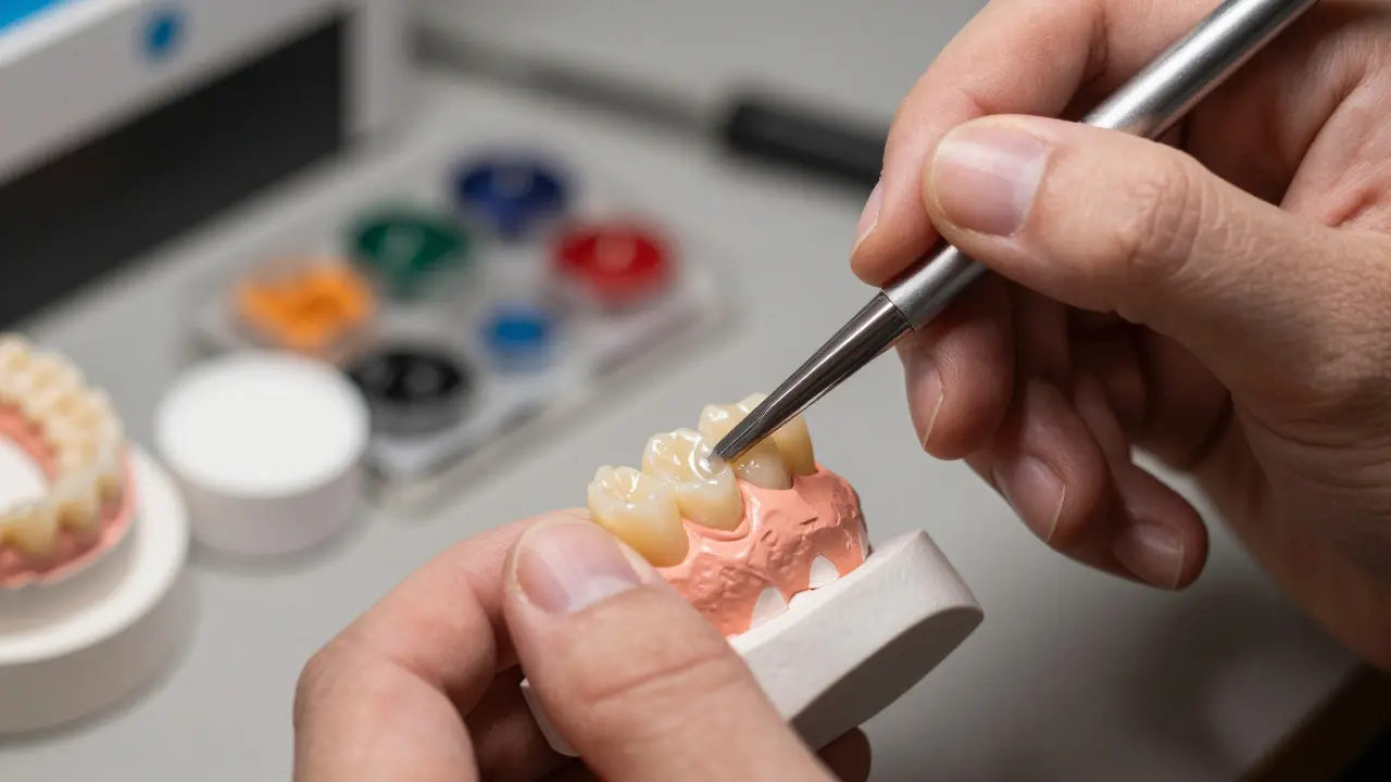 Technik vytváří zubní korunku z keramiky ve specializované laboratoři.