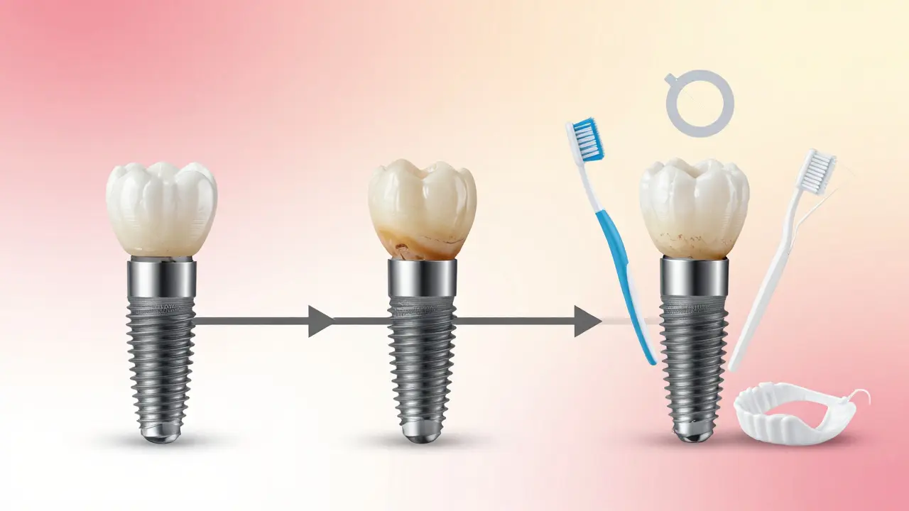 Timeline of a dental implant over 25 years, showing hygiene habits and crown replacement.