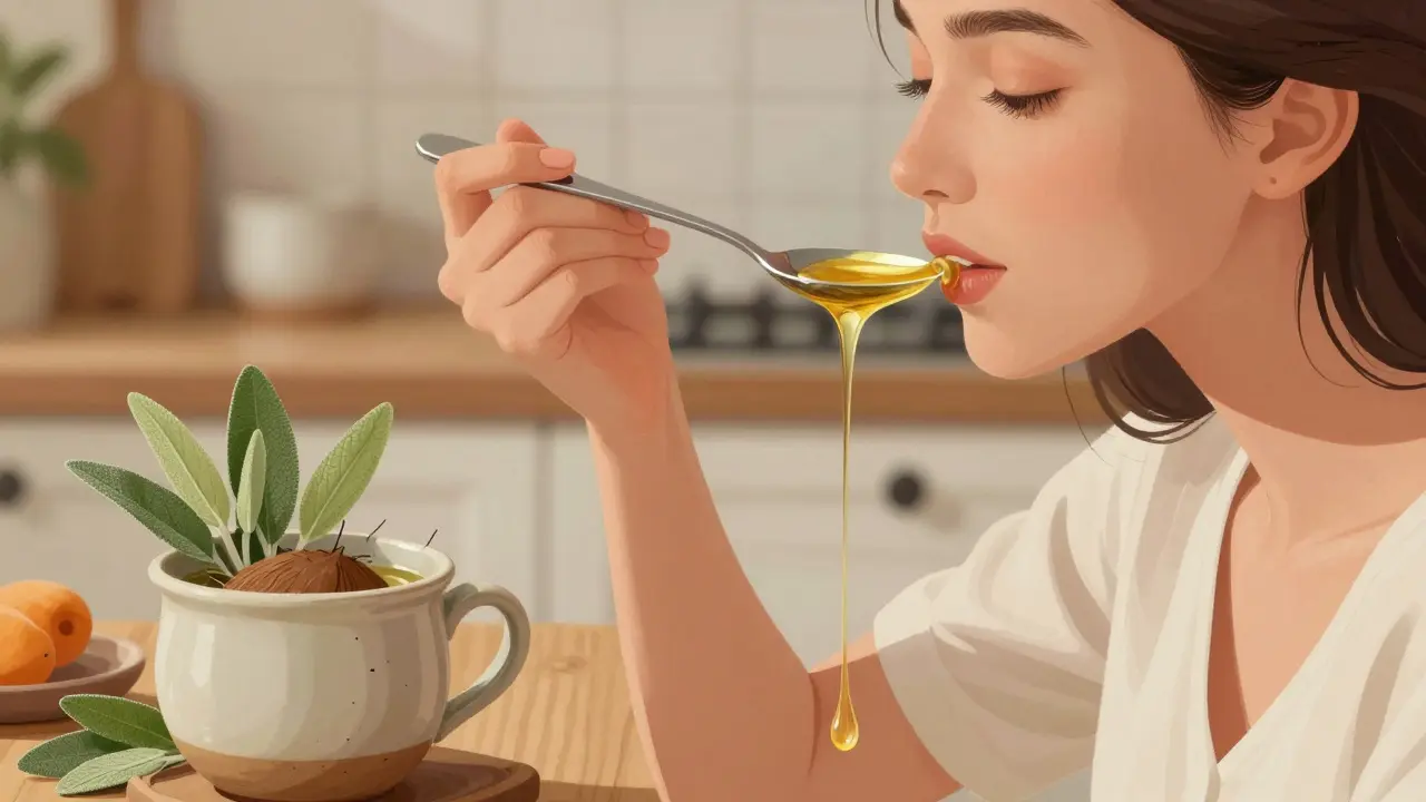 Žena dělá olejový výplach kokosovým olejem, v pozadí jsou bylinky a hrnec s infuzí.