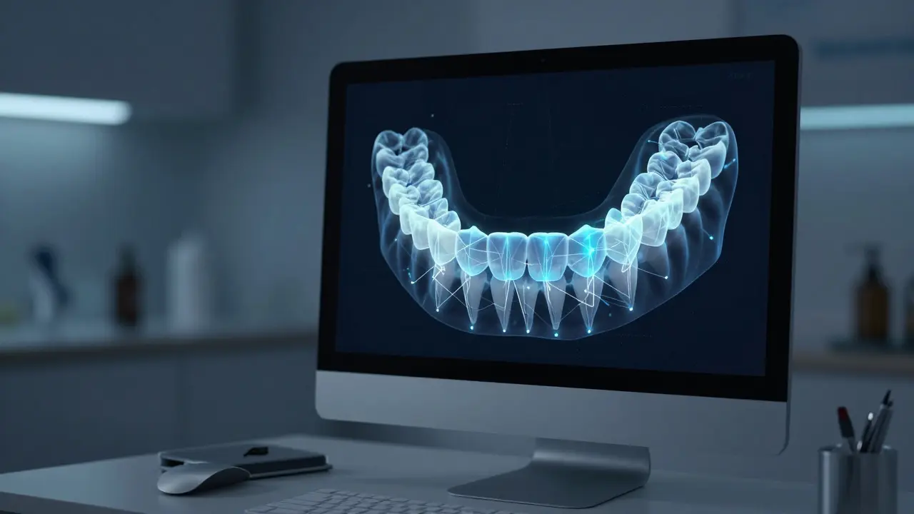 3D holografický model čelistí znázorňující digitální plán rovnání zubů.