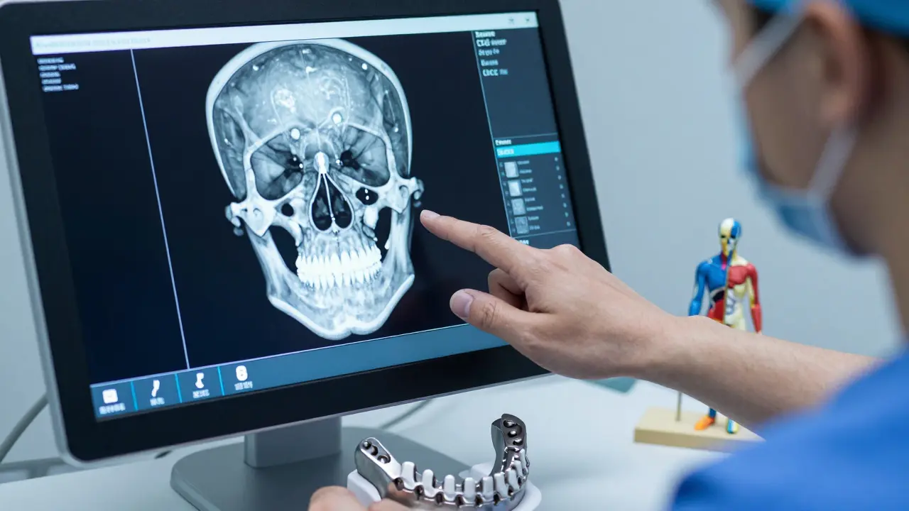 Chirurg plánující operaci pomocí 3D rekonstrukce CBCT a titanového implantátu.