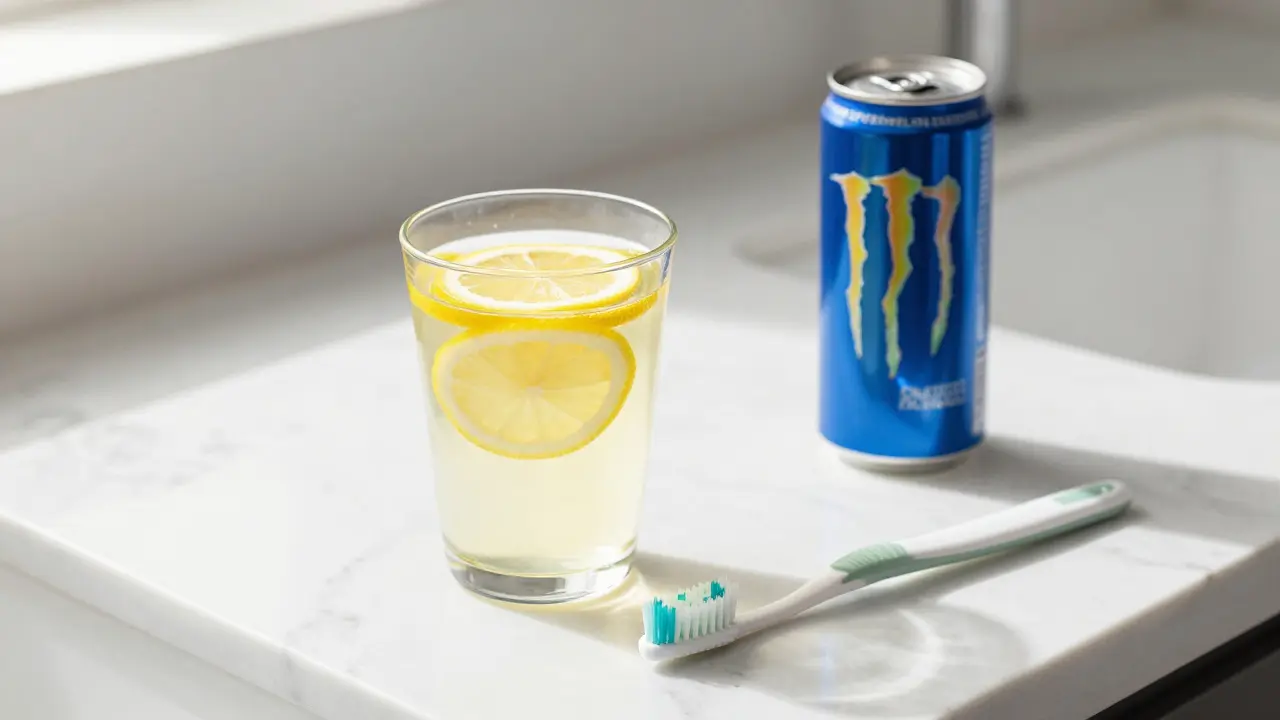 Citronová voda, energetický nápoj a zubní kartáček na bílém povrchu.