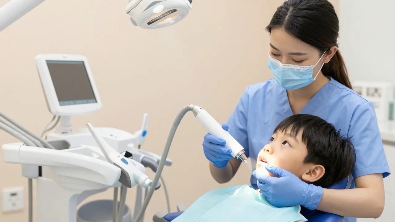 Dentální hygienistka provádí u dítěte šetrné čištění zubů metodou AirFlow.
