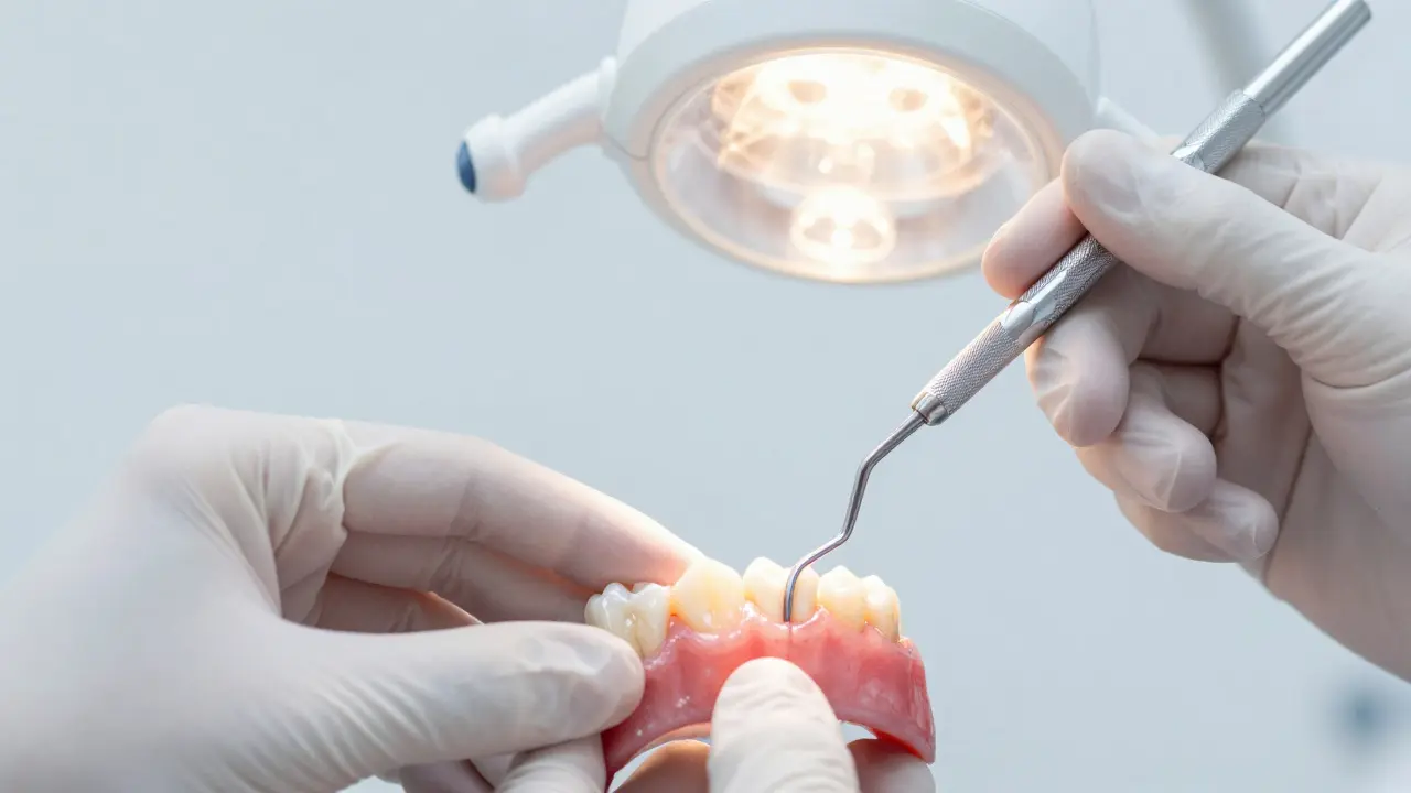 Detail dentistického nástroje kurety při hloubkovém čištění kořene zubu.