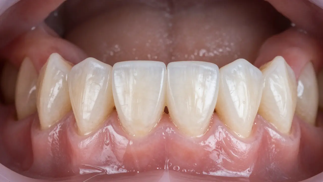 Detail estetické e-max korunky perfektně přizpůsobené přirozenému zubu.