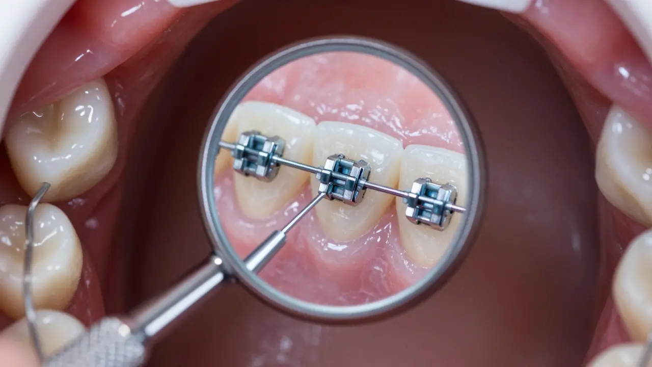 Detailní pohled do dentálního zrcátka na ortodontické záplochy a dráty.