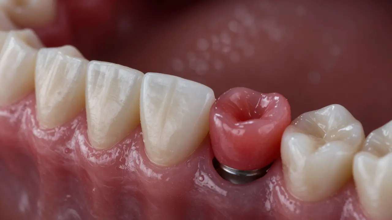 Detailní pohled na zánět dásní v okolí zubního implantátu.